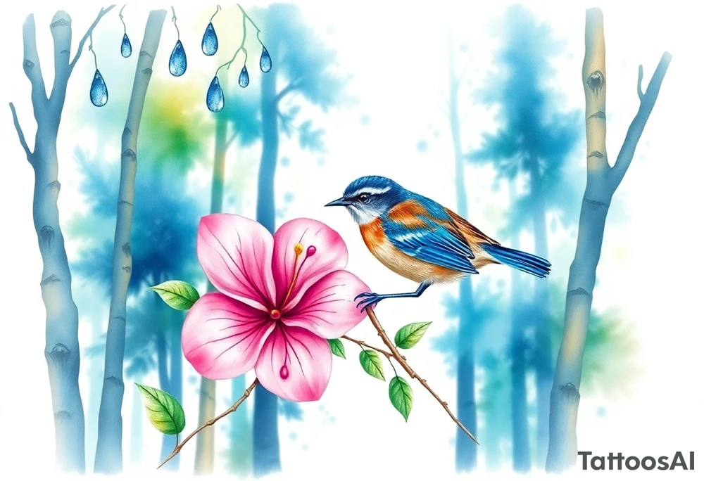 forest trees background
blue rain drops
pink camelia flower
blue and brown wren bird tattoo idea