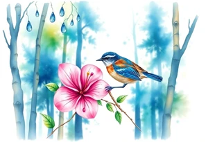 forest trees background
blue rain drops
pink camelia flower
blue and brown wren bird tattoo idea