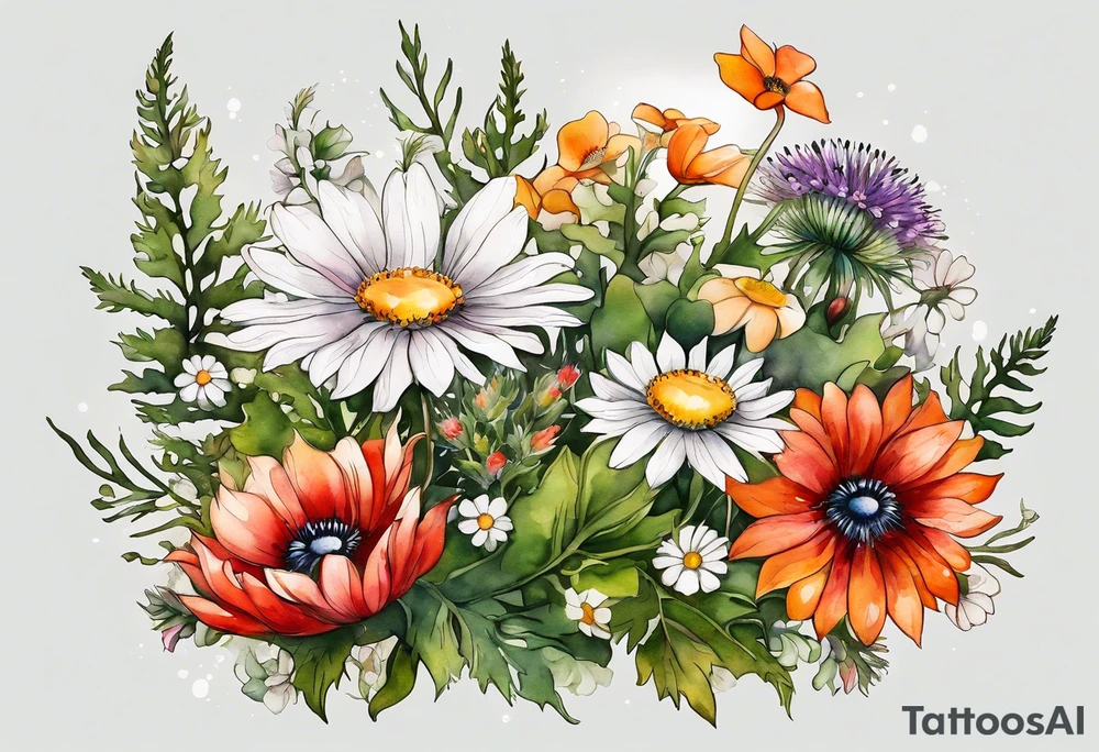 simple wildflowers cascading with thistles, ferns, white anemones, sun flowers, red flowers, green flowers, buttercups, orange flowers, babys breath and daisies all in watercolor tattoo idea