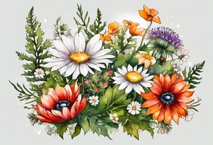 simple wildflowers cascading with thistles, ferns, white anemones, sun flowers, red flowers, green flowers, buttercups, orange flowers, babys breath and daisies all in watercolor tattoo idea