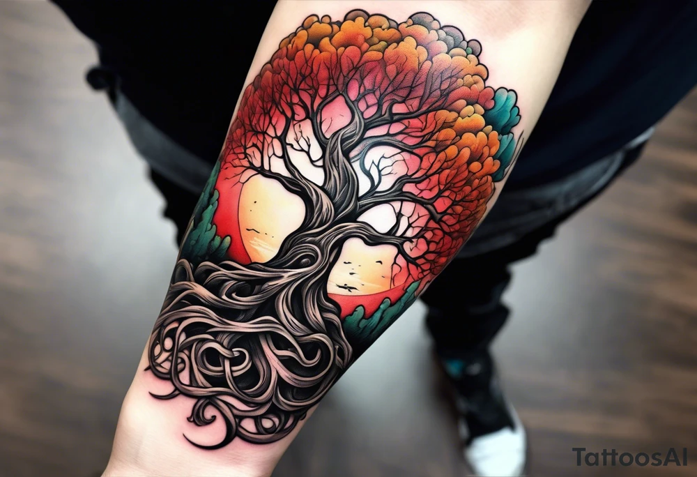 Tree roots wrapping around wrist leading to tree around forearm tattoo idea