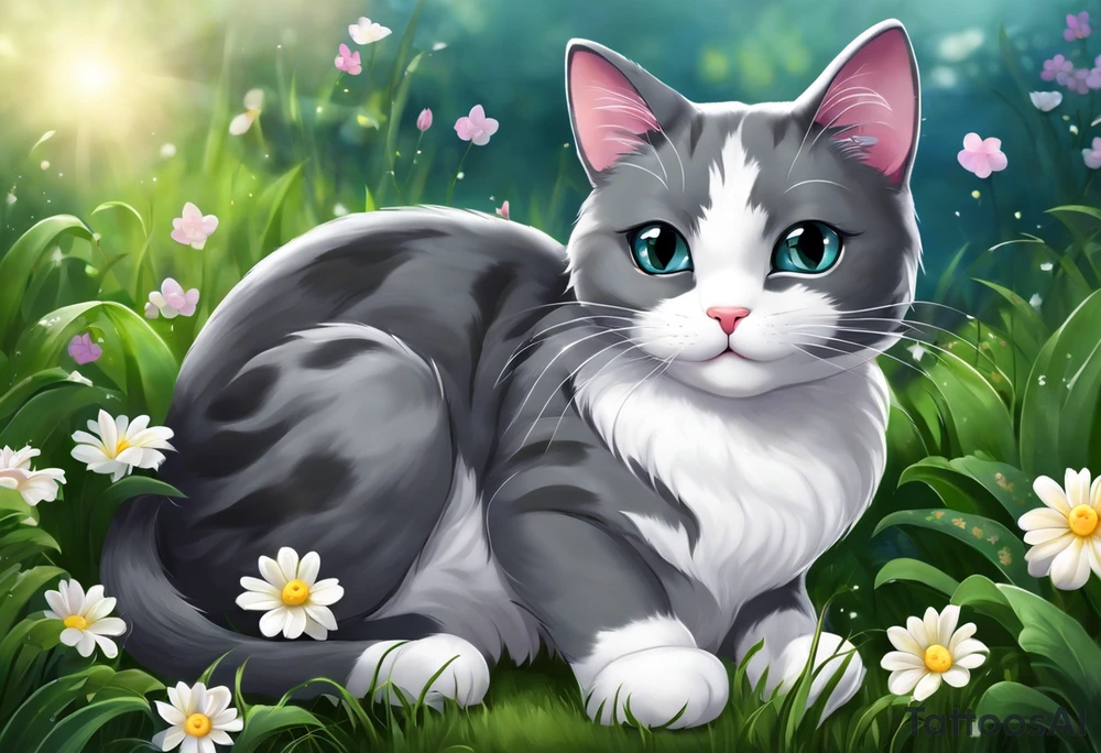Grey and white cat. She has mostly grey body, larger white patches on her belly, all four paws are white, and a small little white moustache. White whiskers. She is on the larger side for a cat. I want the tattoo to reflect her sweet personality. She loved sunshine and flowers. She is recently passed away and I would like a memorial tattoo of my sweet baby cat. tattoo idea