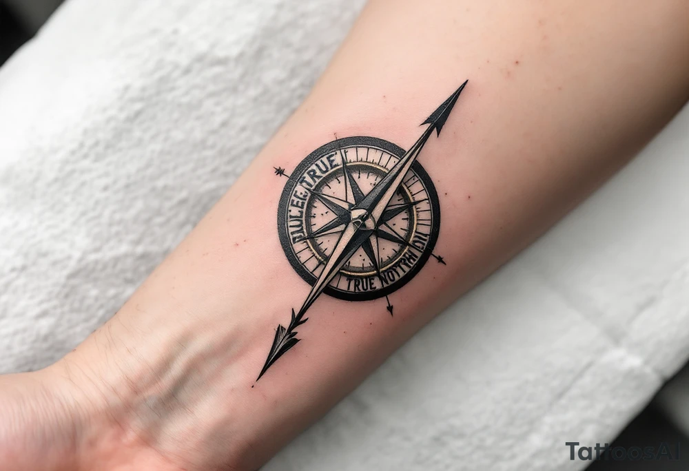 Rustic half compass with a long native American arrow pointing at my wrist with the words “True North” tattoo idea