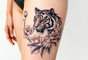fierce tiger emerging through blooming lotus flowers in mist tattoo idea