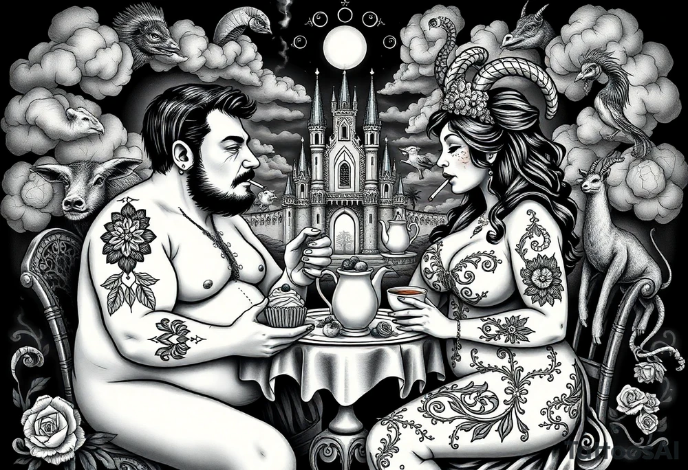 Naked Man and fat woman having sex eating cupcakes and  fruit  having sexy naked fat lady having a tea party with tea pots  swith fancy castle  
with mystical  a pigs, peacock,  lion, goat, noose and smoking cigerettes looking in the mirror thru storm clouds and broken hearts and darkness and wrath, envy , gluttony, greed, sloth, pride . Gothic tattoo idea