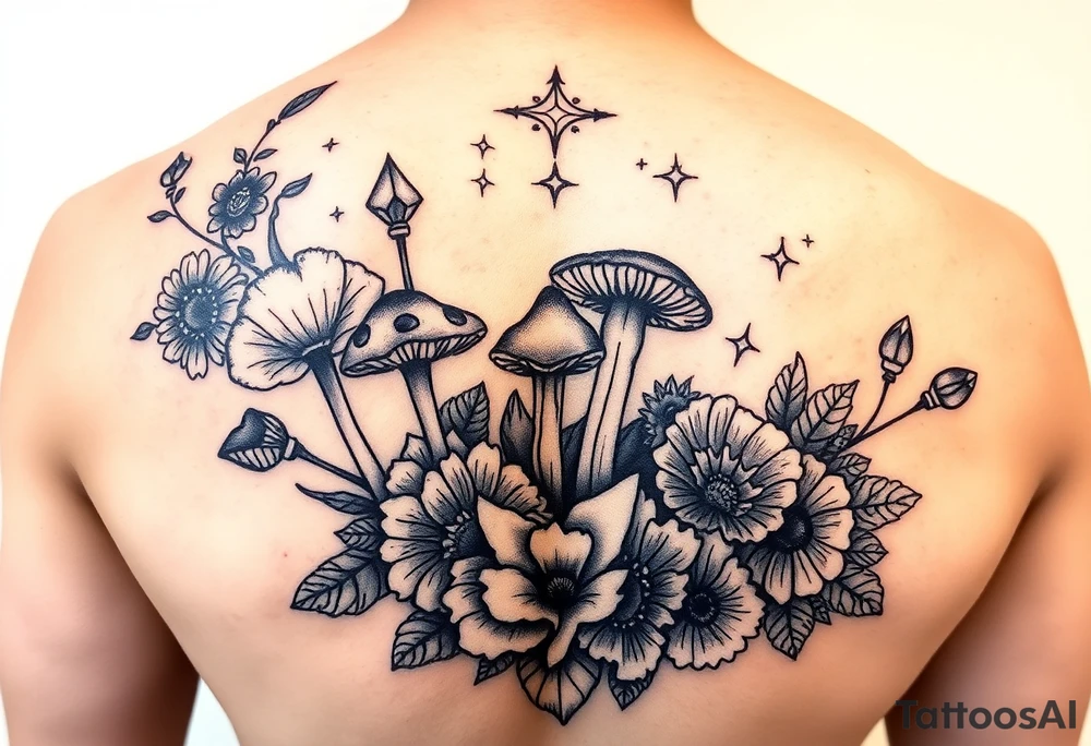 Could you possible make me a cool nature tattoo with mushrooms crystals  flowers mandala boho but colorful and psychedelic colorful too that would wrap from front of hip around side to mid back to cover an existing one I have incorporating the stars I have already and only covering some wrapping from front of hip around side to back tattoo idea