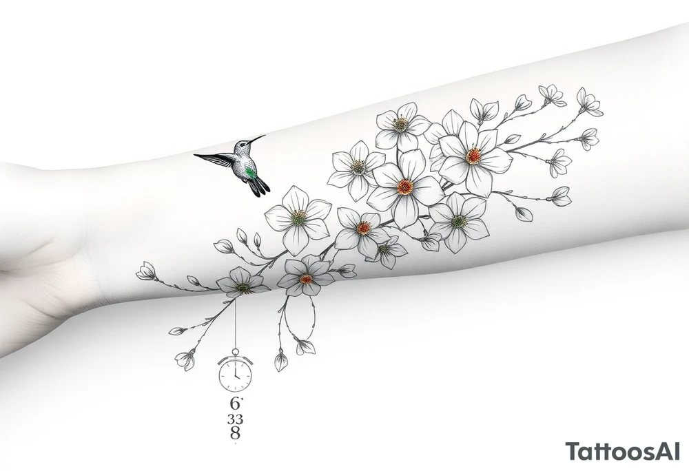 Create a fine-line tattoo design for the top of the left forearm, extending vertically from just below the elbow to the wrist. The design should feature a delicate arrangement of narcissus flowers, daffodils, larkspurs, and dogwood flowers, with flowing vines and leaves weaving through the composition to complement the natural curve of the forearm. Include one small hummingbird with subtle color accents (soft shades of green and red) hovering near the flowers, in a realistic yet minimal style. Subtly integrate the time ‘6:38’ into one of the flower vines, using a small, elegant font that blends naturally with the design. The overall style should be fine-line and detailed, with a light, airy feel, similar to a botanical illustration, focusing on intricate line work and minimal shading. tattoo idea