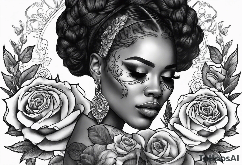 black women with no eyes facing side ways with a  skull, roses and burning candle in her hand tattoo tattoo idea