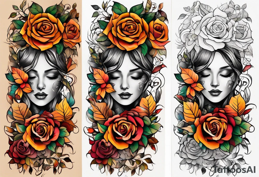 Front knee tattoo with fall colors, small flowers, rose, leaves, water flow and background tattoo idea