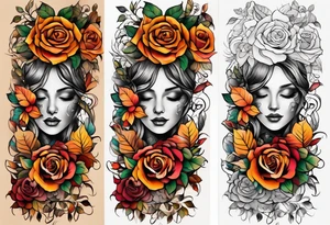 Front knee tattoo with fall colors, small flowers, rose, leaves, water flow and background tattoo idea