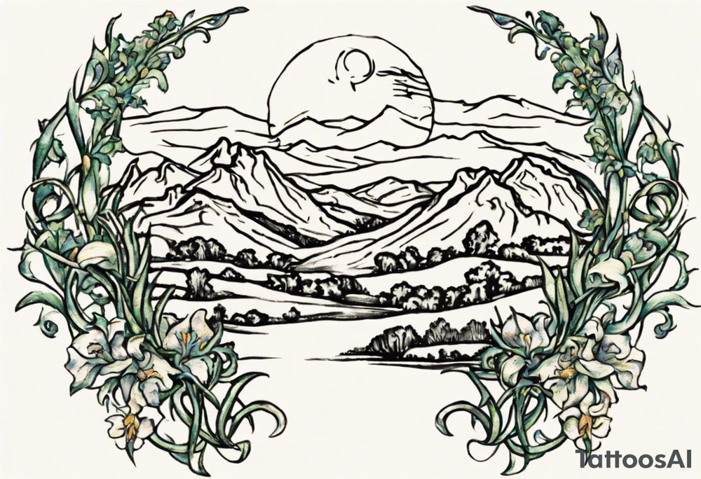 Create a small, delicate colorful Vincent van Gogh Irises tattoo in the form of a crescent, with vines or Celtic knots gracefully intertwining at a central point in the middle of the wreath.  In the middle of the wreath are mountains and other items found in New Mexico. Ensure that the design avoids the appearance of a bush and maintains a more structured and deliberate arrangement. The intended placement is on the upper chest. The overall design should be small in size while maintaining a delicate and artistic aesthetic. Pay attention to the graceful flow of the vines and the placement of the irises to achieve a refined and elegant look. tattoo idea