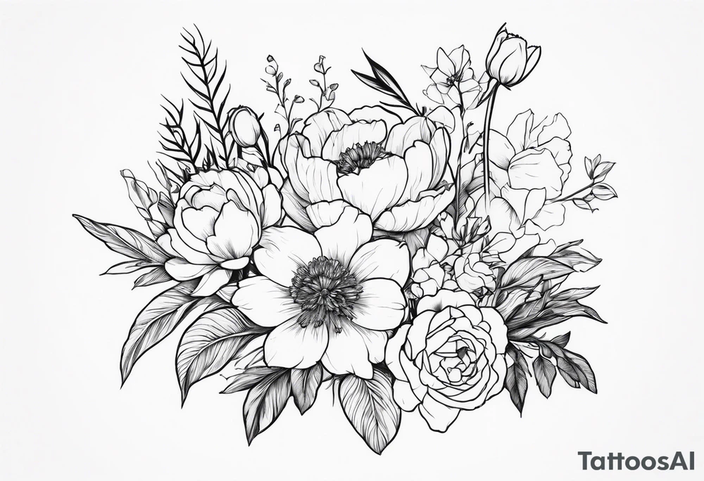 flower bouquet with a peony, larkspur, rose, and daffodil with stems showing tattoo idea