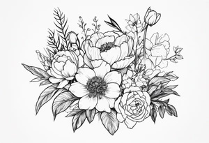 flower bouquet with a peony, larkspur, rose, and daffodil with stems showing tattoo idea