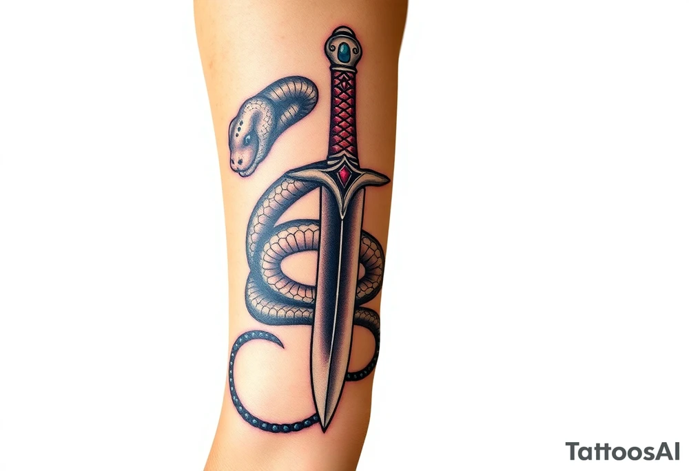 mystical snake coiled around an ancient dagger with jeweled hilt tattoo idea