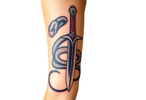 mystical snake coiled around an ancient dagger with jeweled hilt tattoo idea