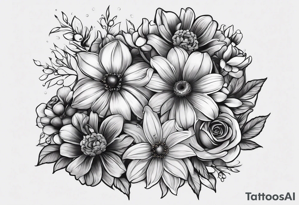 black and gray bunch of flowers that include violets, daffodils, daisies, roses, morning glorys, marigolds, chysanthemums with text at the bottoms reading "Find someone who grows flowers in the darkest part of you" tattoo idea