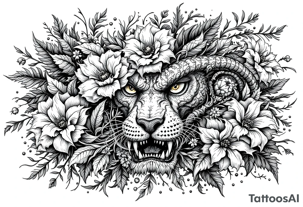 powerful big comodo, surrounded by floral ornaments tattoo idea