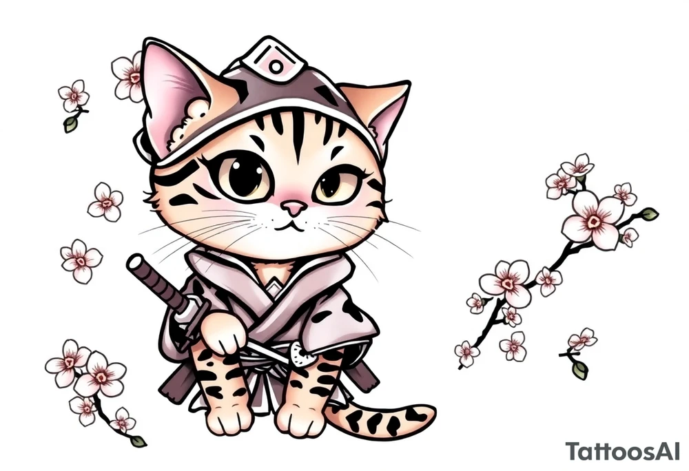 A bengal cat with a missing left eye , dressed as a Japanese samurai with katana swords and surrounded by cherry blossoms tattoo idea