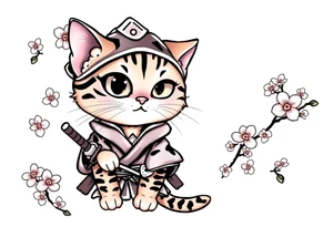 A bengal cat with a missing left eye , dressed as a Japanese samurai with katana swords and surrounded by cherry blossoms tattoo idea