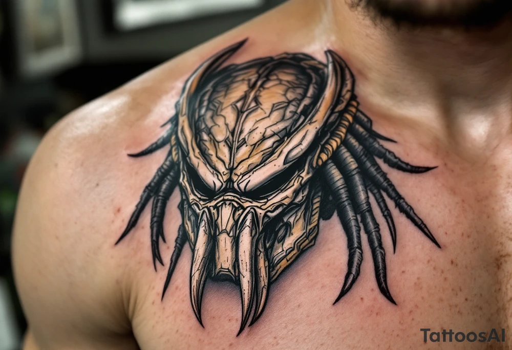 Tracker Predator – A bestial, primal version of the Predator from Predators (2010), featuring deep brown and gray reptilian skin, minimal armor, and three mechanical, tusk-like mandibles on its mask. Uses a hunting beast instead of technology. tattoo idea