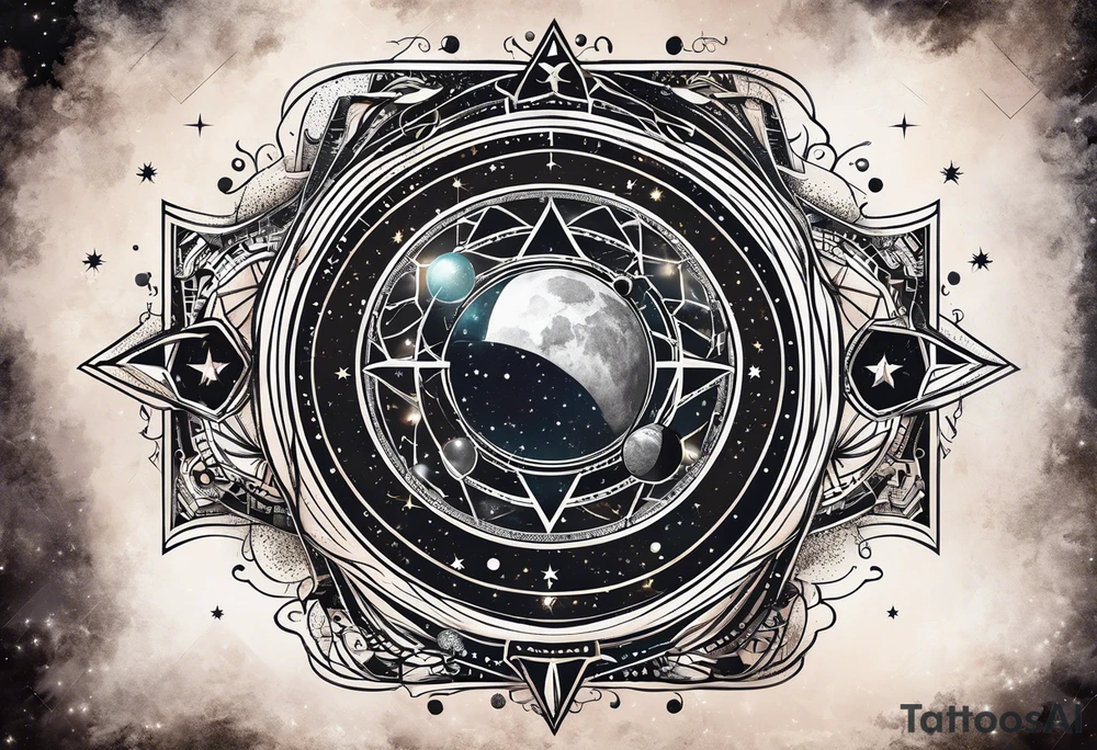 Matter, energy, space and time with an old stone theta symbol with stars in the background and Scorpio constellation tattoo idea