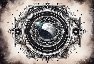 Matter, energy, space and time with an old stone theta symbol with stars in the background and Scorpio constellation tattoo idea