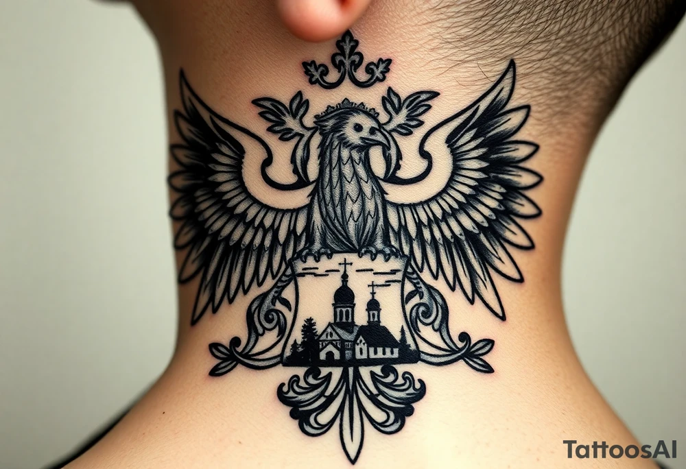 Traditional authentic Russian coat of arms with double headed eagle & a well shaded Christian orthodox Virgin Mary in the middle with silhouette of a lake in a Russian wilderness Christian orthodoxy dome church village setting on the side of my neck tattoo idea