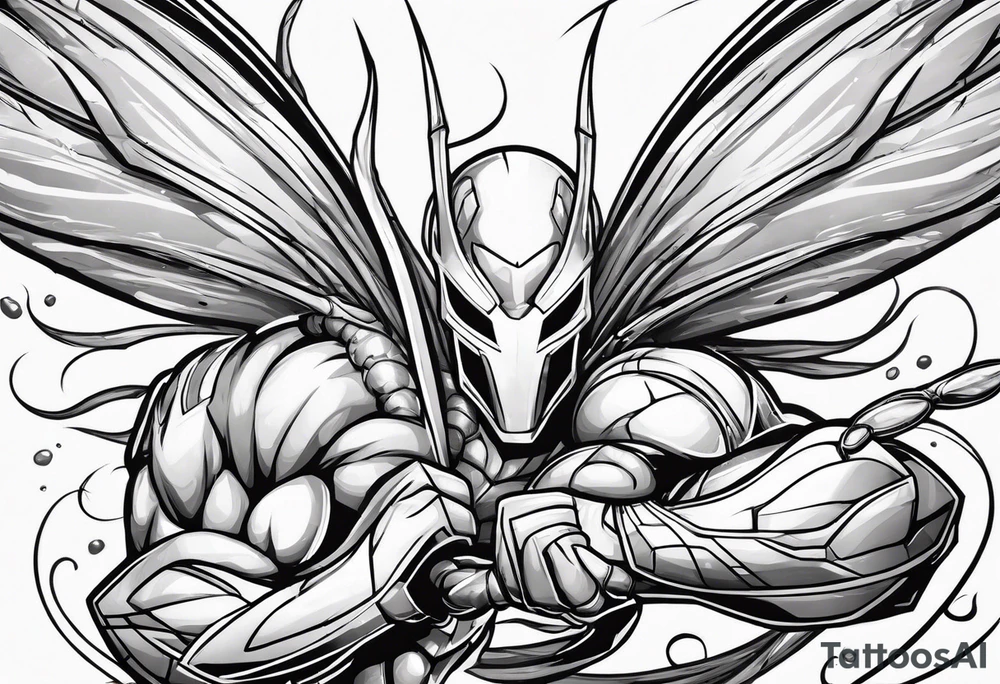 cartoon shrimp with a muscular superhero body flying through the air tattoo idea