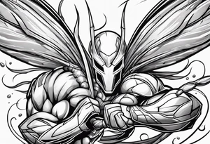 cartoon shrimp with a muscular superhero body flying through the air tattoo idea