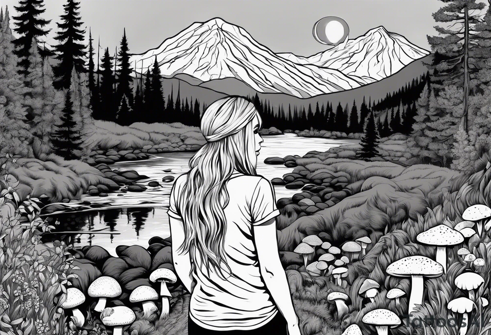 Whole picture encircled fully

Straight long blonde hair hippie girl in distance holding mushrooms in hand facing away toward mountains and creek surrounded by mushrooms long sleeve shirt and hiking pants; whole rendering within a full circle, no cut off circle tattoo idea
