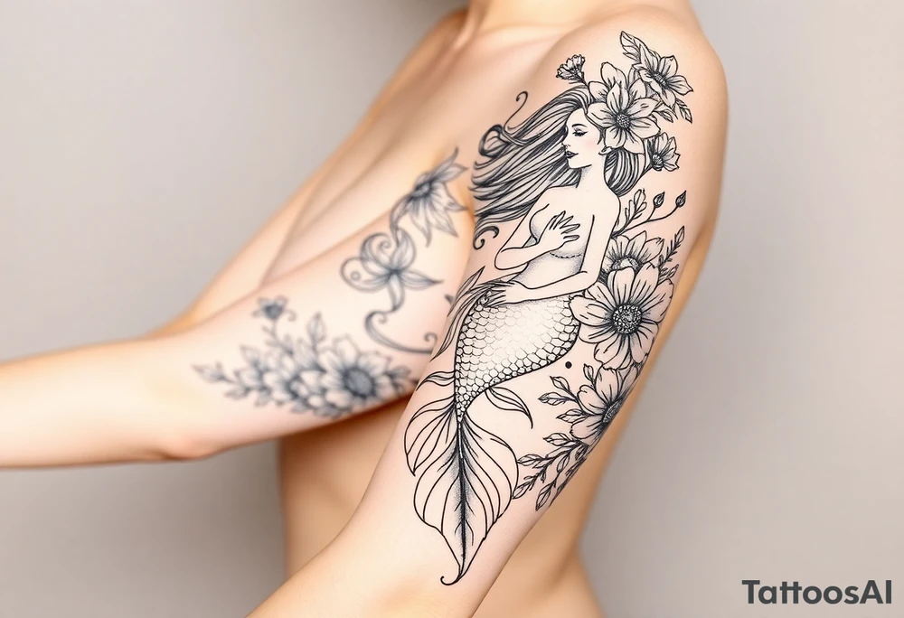ethereal mermaid with flowing hair among coral and sea flowers tattoo idea