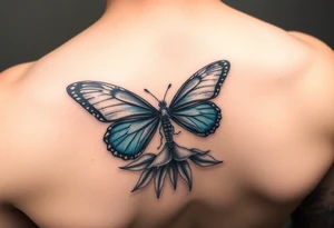 blue morph butterfly landing on a snapdragon tattoo idea