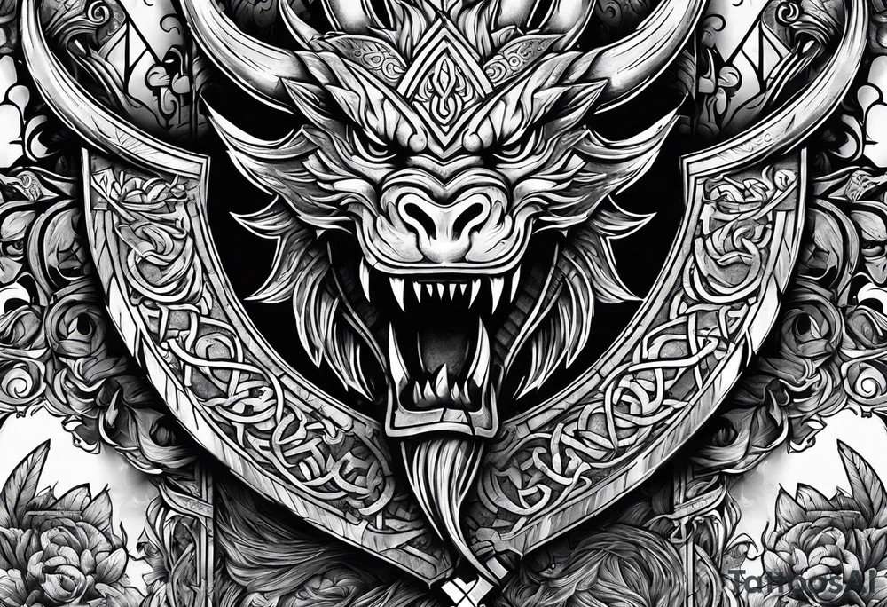 Valhalla sword shield dragon axe viking tattoo idea