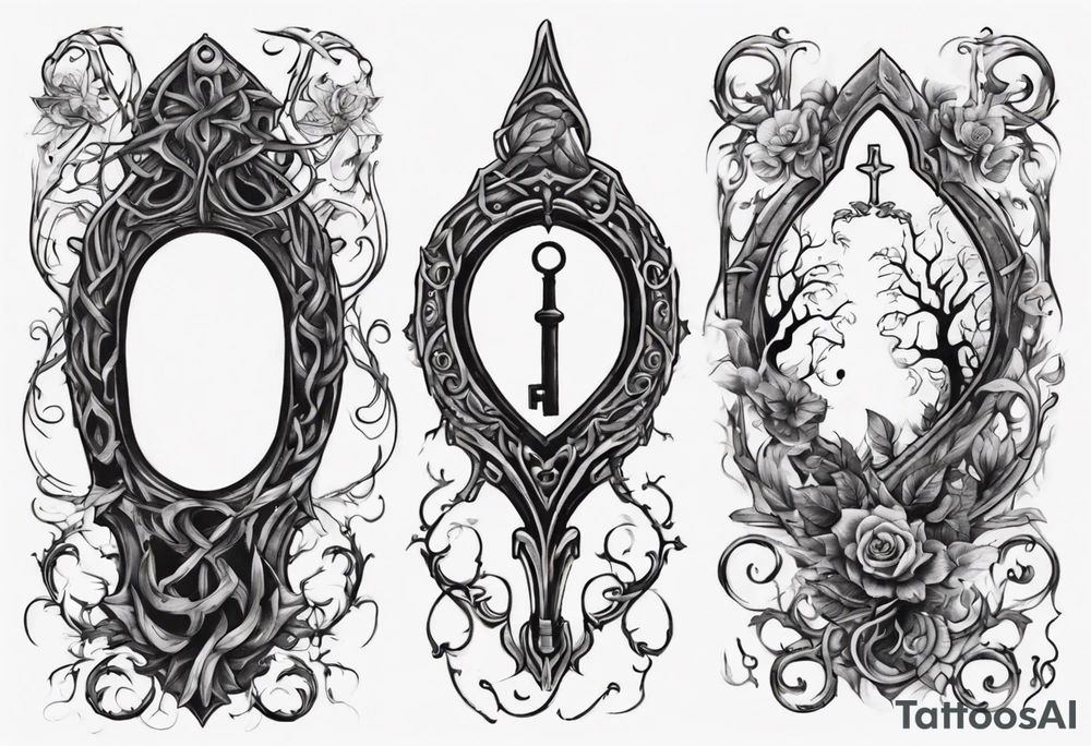 an intricate keyhole surrounded by elements like vines, and Inside the keyhole, incorporate personal symbols or imagery that hold significance to the individual. tattoo idea