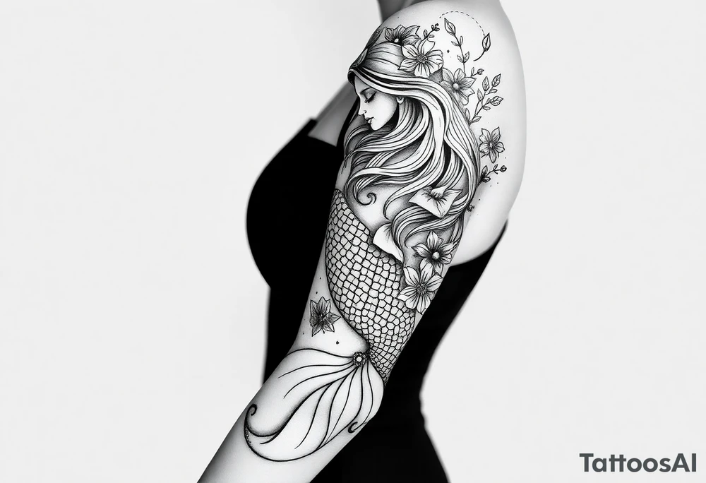 ethereal mermaid with flowing hair among coral and sea flowers tattoo idea