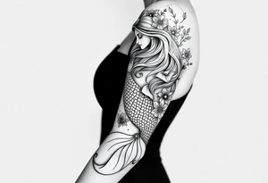 ethereal mermaid with flowing hair among coral and sea flowers tattoo idea