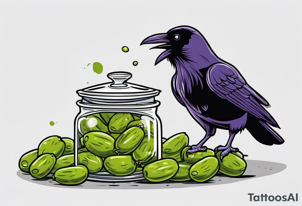 Raven perched on a spilled pickle jar pecking at the pickles tattoo idea