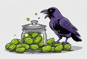 Raven perched on a spilled pickle jar pecking at the pickles tattoo idea