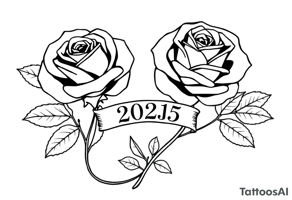 two beautiful large rose buds, one larger than the other, with many leaves next to the rose buds, with one sitting higher than the other. Include a banner connecting the two roses with the year "2025" on it.   Use dark outlines with little shading. The two stems should be short, not long, and connect and join into one stem, whimsically curved or twisted - not straight down. tattoo idea
