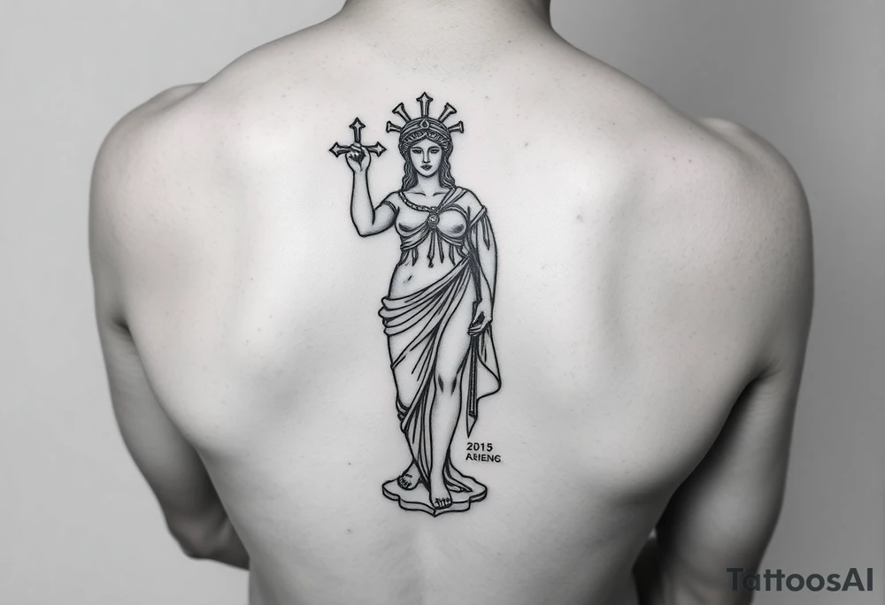 outer thigh tattoo greek sculpture athena, fine line tattoo idea