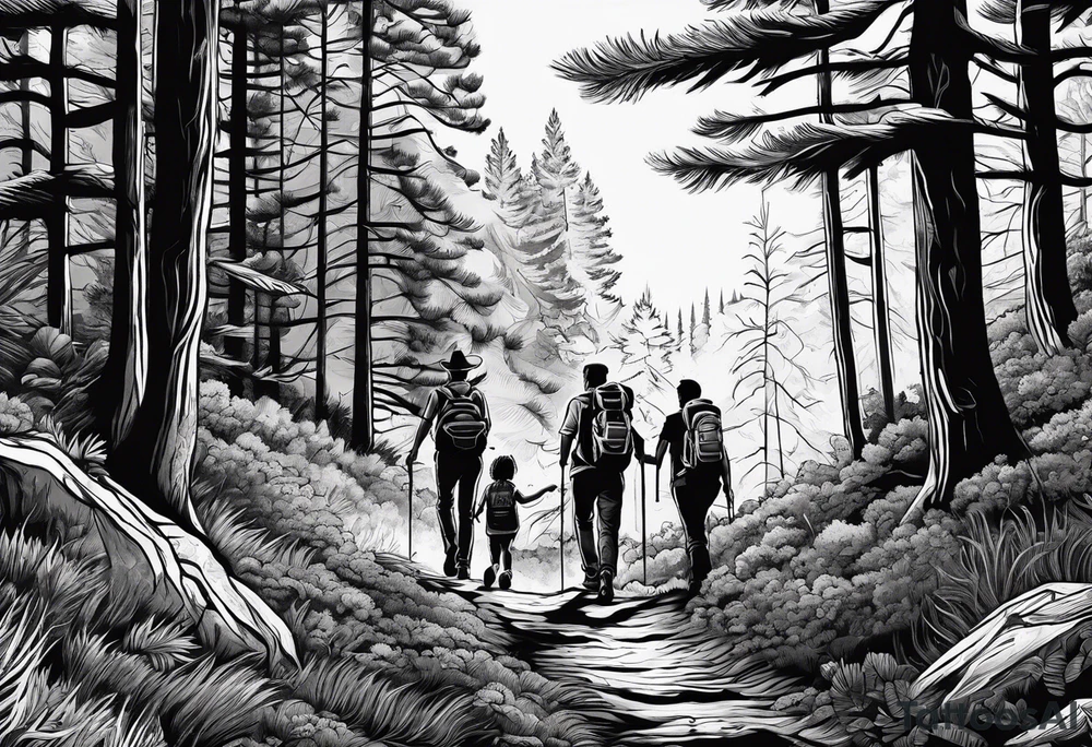 A man  with his family hiking through the Forrest. Add Mexican American tone tattoo idea