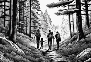 A man  with his family hiking through the Forrest. Add Mexican American tone tattoo idea