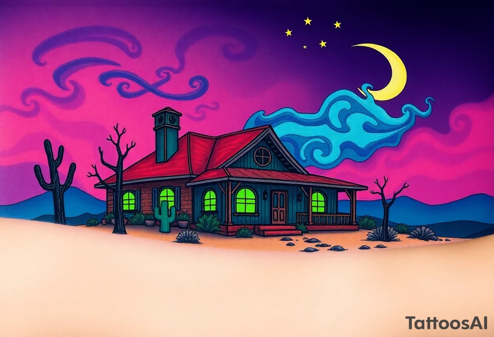 Tim Burton’s haunted desert bungalow is abandoned and dripping with muted reds, dusty pinks, and eerie green glow.purple and cyan smokey clouds swirl in the crescent moonlit sky thats sprinkled with stars tattoo idea tattoo idea