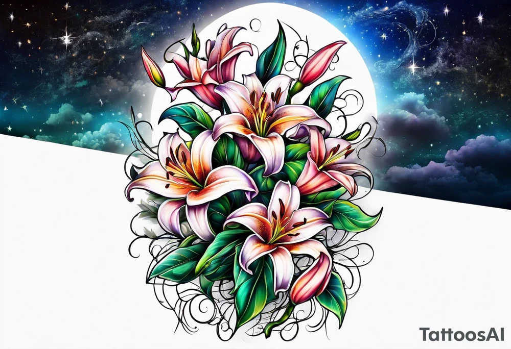 Lillys vines hanging wrapping around with a beautiful night sky tattoo idea