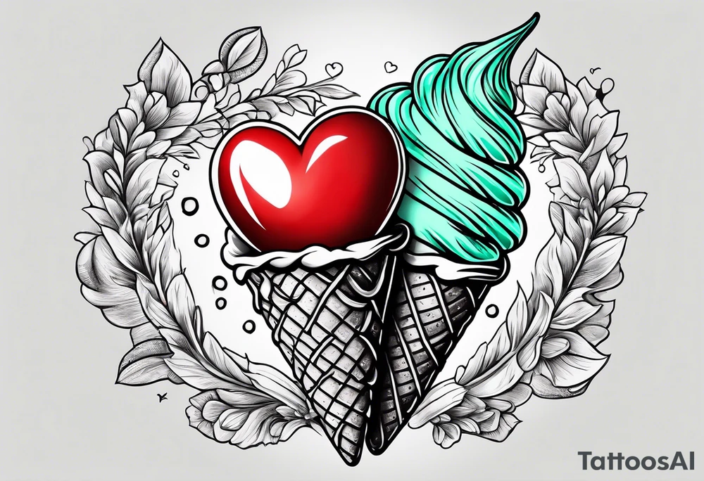 mint chocolate chip ice cream cone with small red heart on it somewhere. tattoo idea