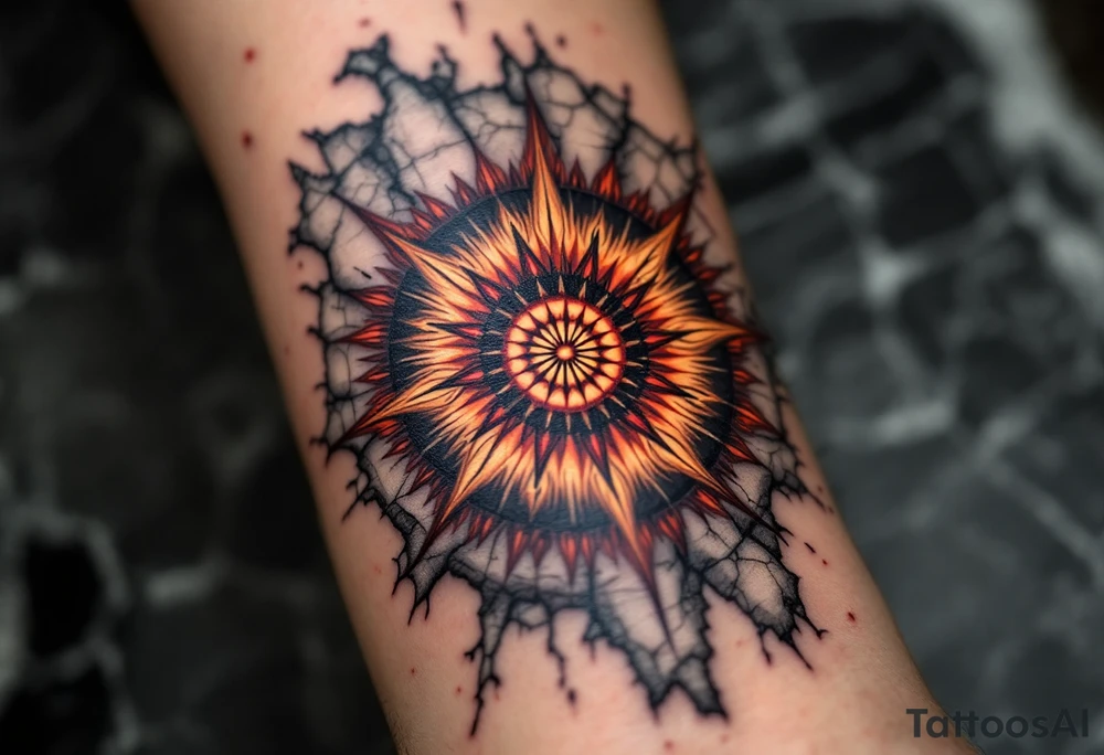 Slavic Sun Wheel – A radiant wheel in fiery tones of orange and red, with radial rays edged in black, backed by cracked stone or parchment. tattoo idea