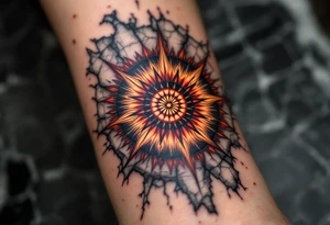 Slavic Sun Wheel – A radiant wheel in fiery tones of orange and red, with radial rays edged in black, backed by cracked stone or parchment. tattoo idea