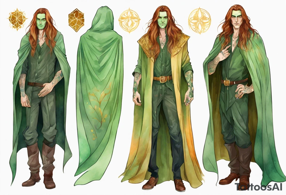 A tall beautiful man with pale green skin  with long hair of green and auburn with amber eyes wearing a gold cloak tattoo idea