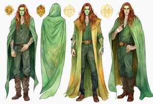 A tall beautiful man with pale green skin  with long hair of green and auburn with amber eyes wearing a gold cloak tattoo idea