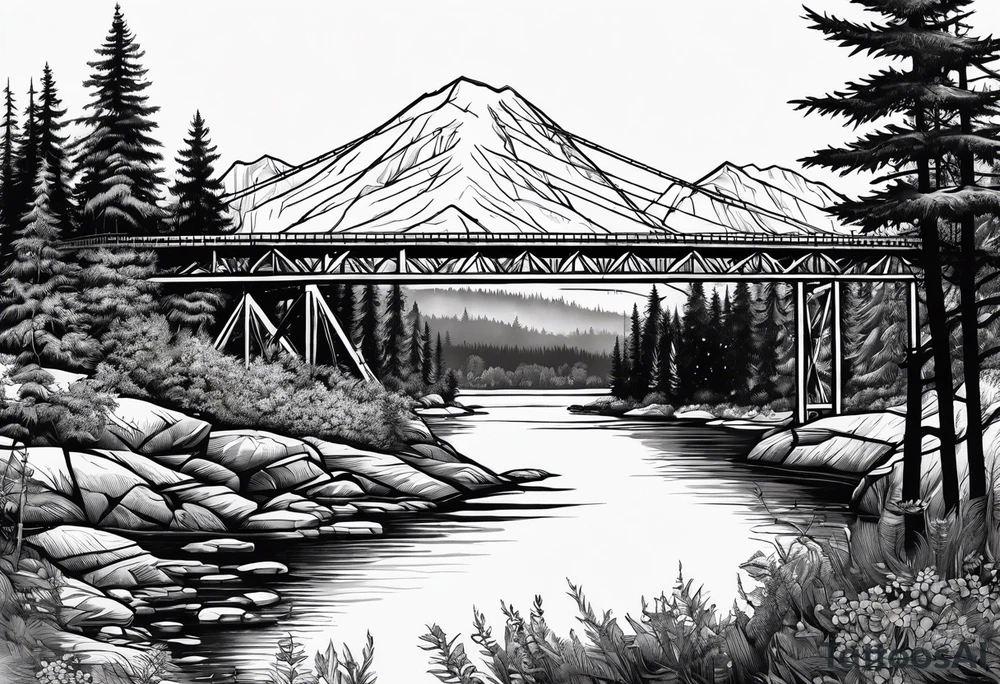 steel truss cantilever bridge over river, mountains, sky, trees, pacific northwest tattoo idea